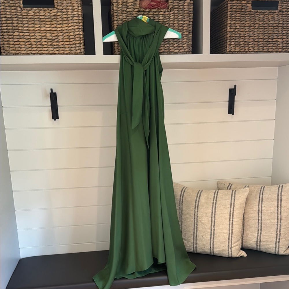 ME+EM Forest Green Silk Dress with neck tie detail.
